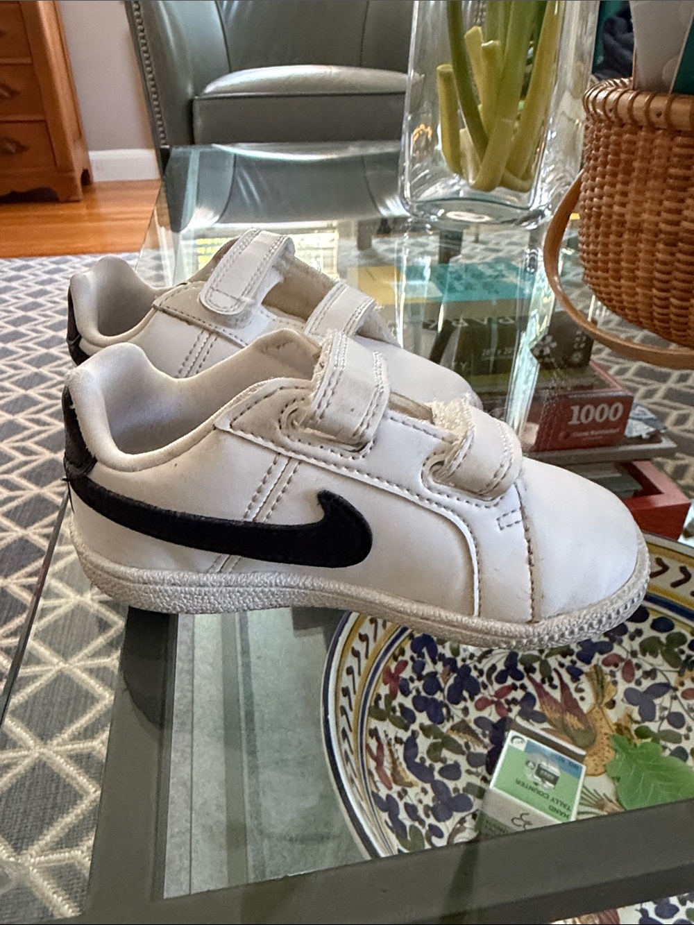 Nike Kids White Sneakers with Black Swoosh Velcro